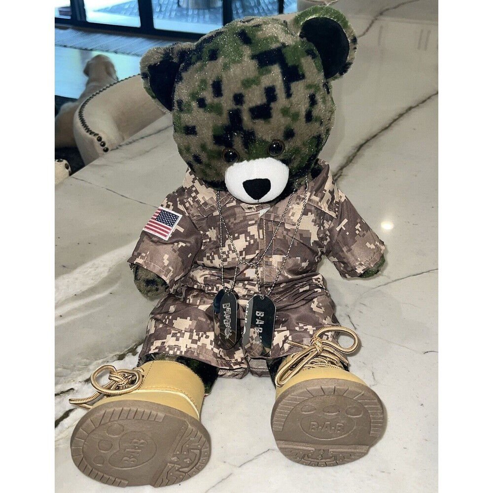 Build A Bear Military Camo 16" Teddy Bear Plush Camouflage Dog Tag Boots Uniform